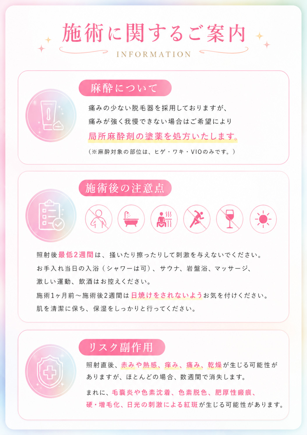 LBC脱毛の施術に関するご案内。麻酔について、施術後の注意点、医療脱毛のリスク副作用、赤み、熱感、痒み、痛み、乾燥、毛嚢炎、色素沈着、硬毛化、増毛化、日光刺激による紅斑について。医療脱毛前後の日焼けや保湿の注意事項。
