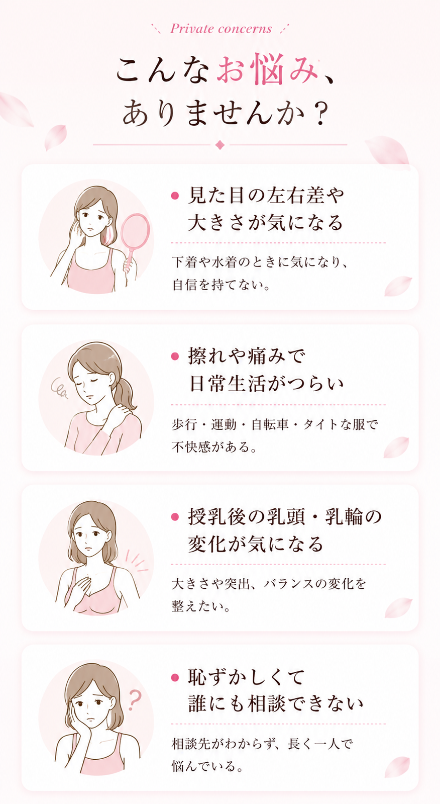 見た目の左右差や大きさ、擦れや痛み、授乳後の乳頭・乳輪の変化、誰にも相談できないお悩み。