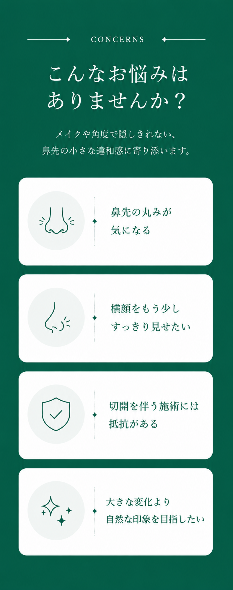 こんなお悩みはありませんか。鼻先の丸み、横顔、切開への抵抗、自然な印象を目指したい方へ