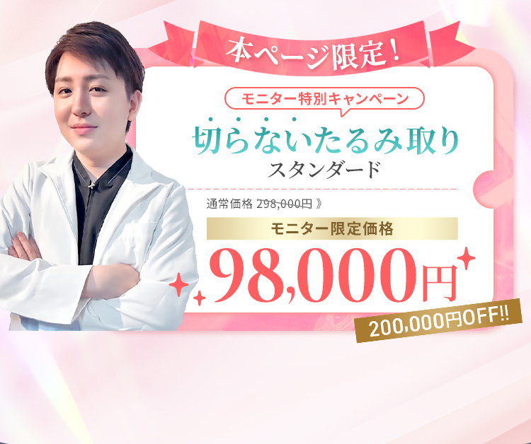 本ページ限定！モニター特別キャンペーン 切らないたるみ取り スタンダード 通常価格298,000円 モニター限定価格98,000円 200,000円OFF!!