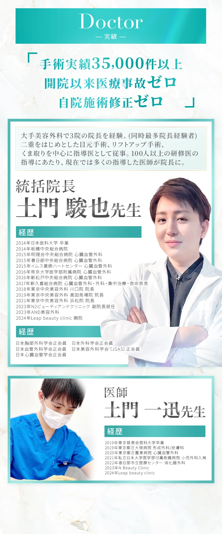 Doctor - 実績 - 「手術実績35,000件以上 開院以来医療事故ゼロ 自院施術修正ゼロ」 大手美容外科で3院の院長を経験。(同時最多院長経験者) 二重をはじめとした目元手術、リフトアップ手術、くま取りを中心に指導医として従事。100人以上の研修医の指導にあたり、現在では多くの指導した医師が院長に。 統括院長 土門 駿也先生 経歴 2014年日本医科大学 卒業 2014年板橋中央総合病院 2015年明理会中央総合病院 心臓血管外科 2015年春日部中央総合病院 心臓血管外科 2015年イムス葛飾ハートセンター 心臓血管外科 2016年帝京大学医学部附属病院 心臓血管外科 2016年新松戸中央総合病院 心臓血管外科 2017年新久喜総合病院 心臓血管外科・外科・集中治療・救命救急 2018年東京中央美容外科 川口院 院長 2019年東京中央美容外科 高田馬場院 院長 2021年東京中央美容外科 浜松院 院長 2023年N2ビューティアンドクリニック 副院長就任 2023年AND美容外科 2024年Leap beauty clinic 開院 経歴 日本胸部外科学会正会員 日本血管外科学会正会員 日本心臓血管学会正会員 日本外科学会正会員 日本美容外科学会（JSAS）正会員 医師 土門 一迅先生 経歴 2019年東京慈恵会医科大学卒業 2019年東京都立大塚病院 形成外科/皮膚科 2020年東京都立墨東病院 心臓血管外科 2021年私立日本大学医学部付属板橋病院 小児外科入局 2022年春日部市立医療センター 消化器外科 2023年N Beauty Clinic 2024年Leap beauty clinic