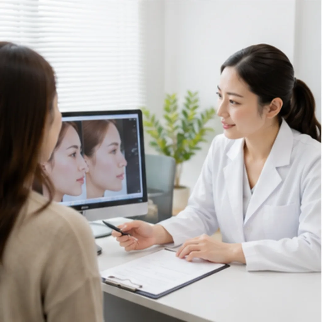 横顔の写真を見ながら医師と仕上がりを相談する女性（Leap beauty clinic）