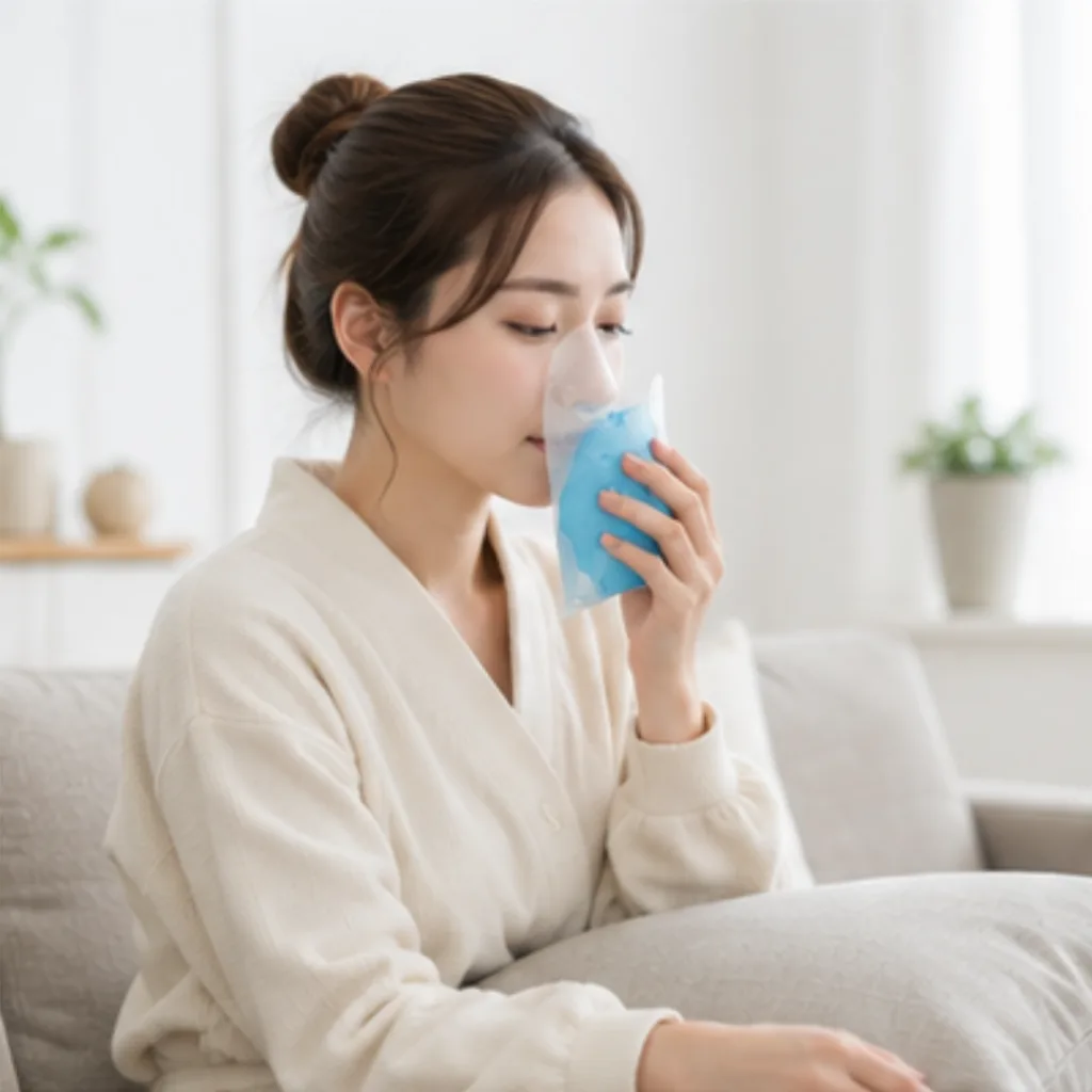 保冷剤で顔を冷やしながら休む女性（Leap beauty clinic）
