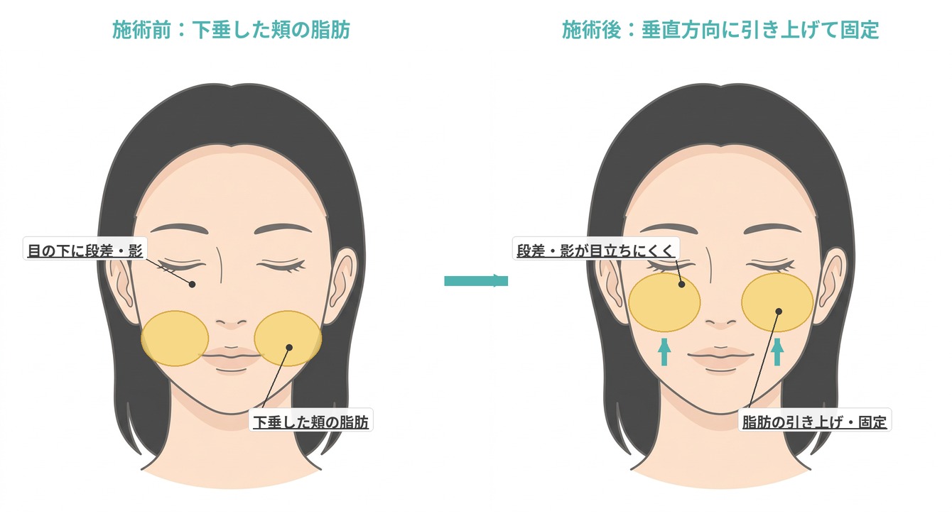 下垂した頬の脂肪（メーラーファット）を上方へ引き上げるイメージ