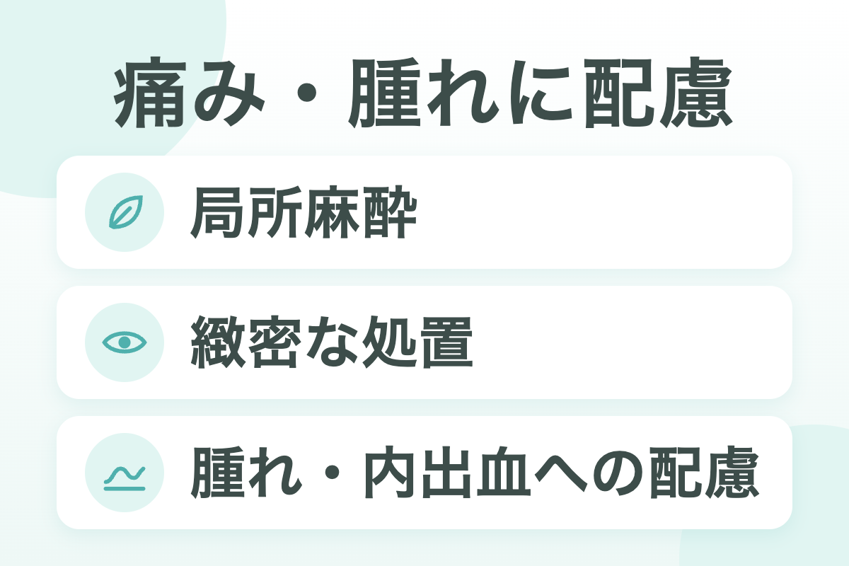 痛み・腫れに配慮（局所麻酔／緻密な処置／腫れ・内出血への配慮）