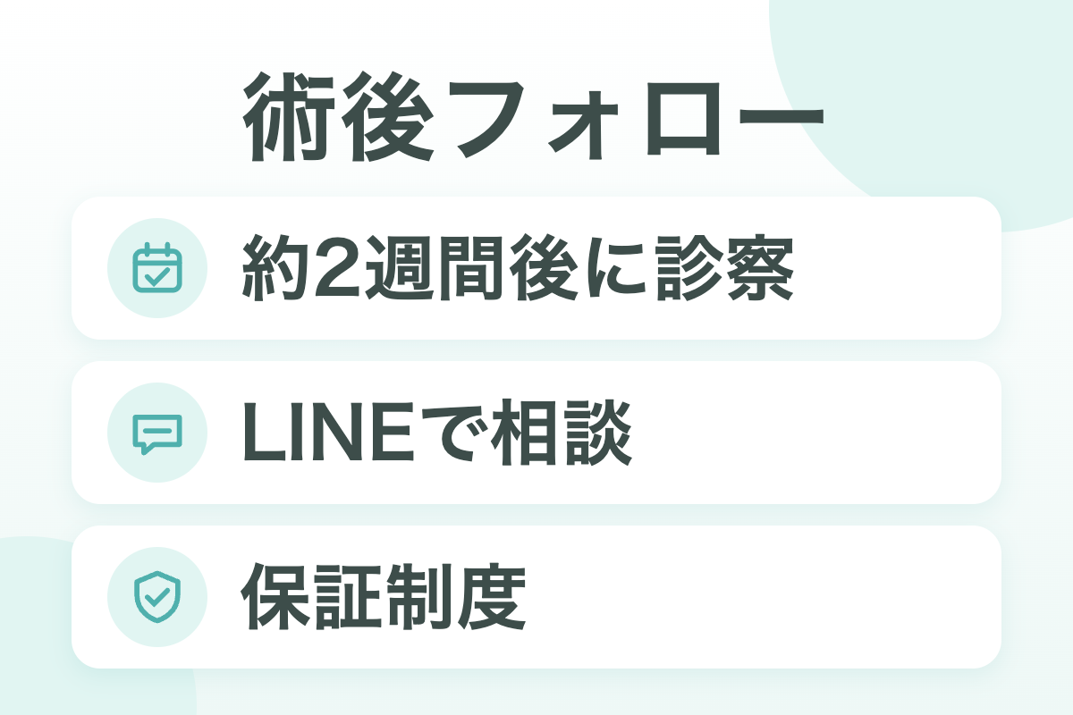 術後フォロー（約2週間後に診察／LINEで相談／保証制度）